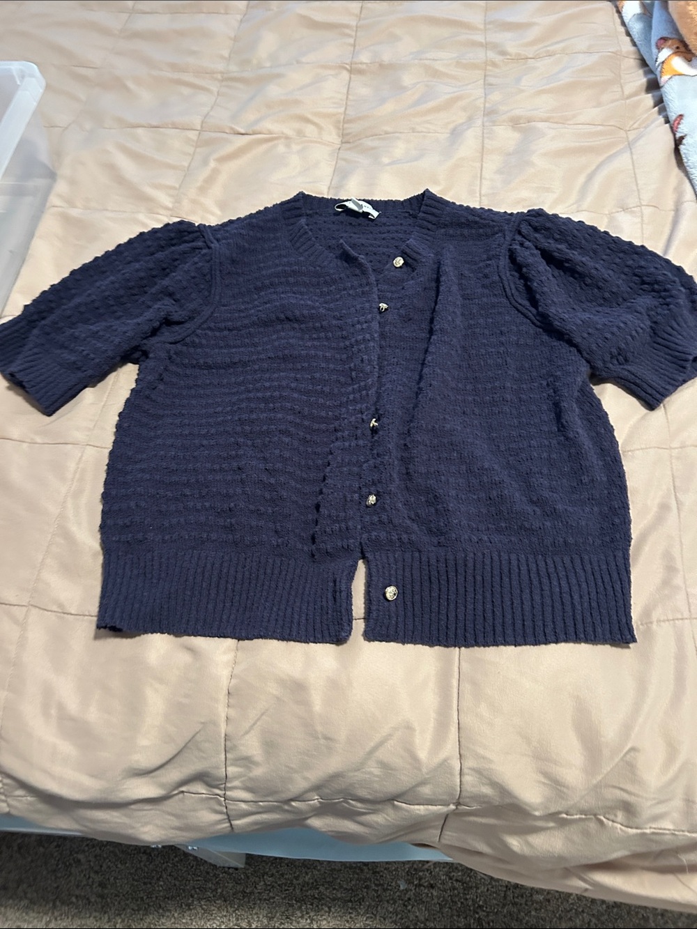Short-Sleeve Navy Knit Cardigan Sweater